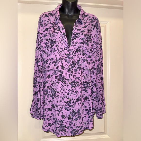 PILCRO Anthropologie Romy Button Down Purple Floral Size XLP - Picture 5 of 14